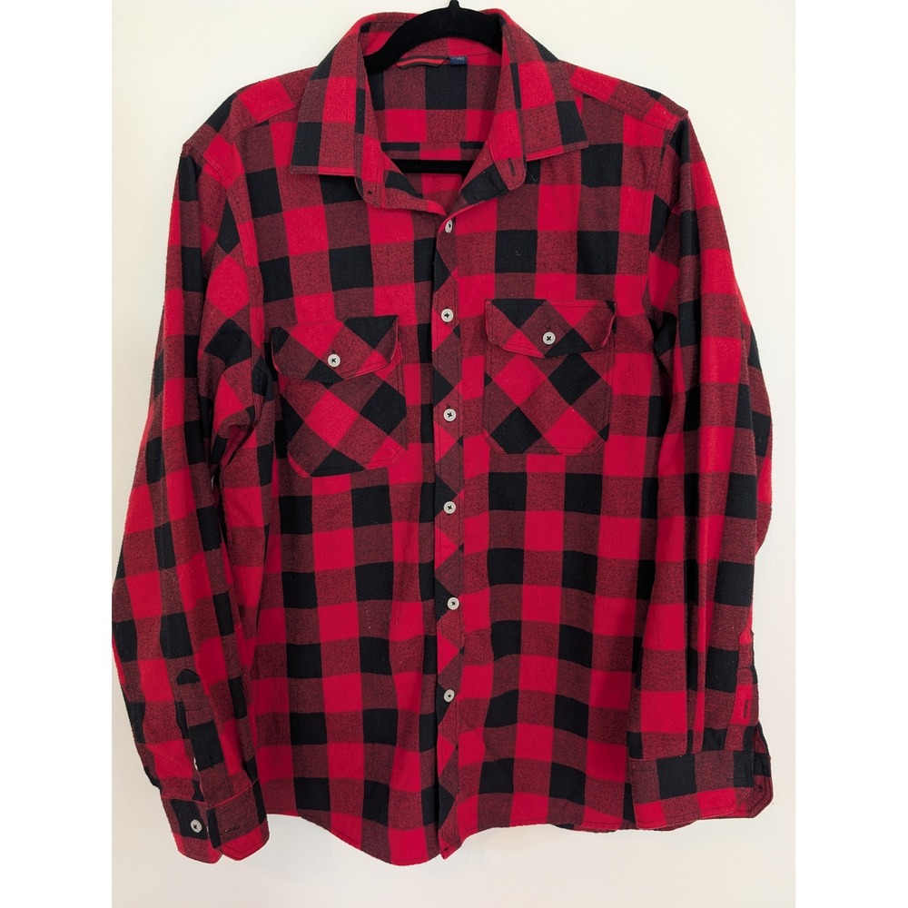 Mens Red Black Buffalo Plaid Flannel Shirt Long Sleeve Button Down Large Italy